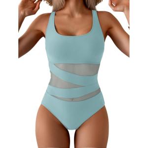 imageB2prity Womens Mesh One Piece Swimsuit Tummy Control Sexy Bathing Suit Push Up Swim Suit Slimming SwimwearLight Blue