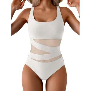 imageB2prity Womens Mesh One Piece Swimsuit Tummy Control Sexy Bathing Suit Push Up Swim Suit Slimming SwimwearWhite