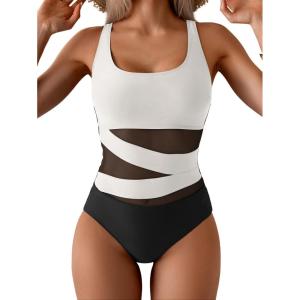 imageB2prity Womens Mesh One Piece Swimsuit Tummy Control Sexy Bathing Suit Push Up Swim Suit Slimming SwimwearWhite black