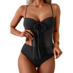 imageB2prity Womens Mesh Tankini Swimsuits Flowy Two Piece Bathing Suit V Neck Tie Knot Swim Top with High Waisted BottomBlack