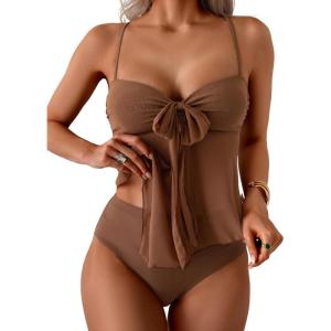 imageB2prity Womens Mesh Tankini Swimsuits Flowy Two Piece Bathing Suit V Neck Tie Knot Swim Top with High Waisted BottomBrown