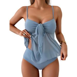 imageB2prity Womens Mesh Tankini Swimsuits Flowy Two Piece Bathing Suit V Neck Tie Knot Swim Top with High Waisted BottomGrey Blue