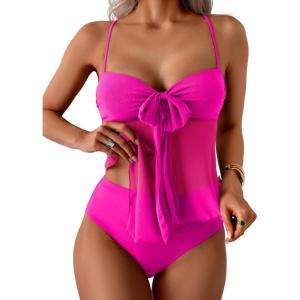 imageB2prity Womens Mesh Tankini Swimsuits Flowy Two Piece Bathing Suit V Neck Tie Knot Swim Top with High Waisted BottomHot Pink