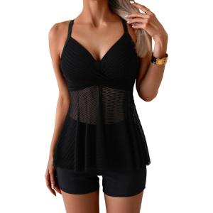 imageB2prity Womens Mesh Tankini Swimsuits Tummy Control Flowy Two Piece Bathing Suits V Neck Wrap Swim Top with ShortsBlack