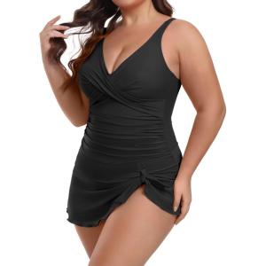 imageB2prity One Piece Swim Dress Plus Size Tummy Control Swimsuits for Women V Neck Wrap Swimdress Skirt Bathing SuitDark Black