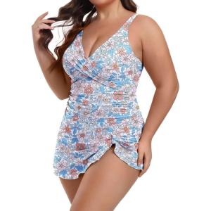 imageB2prity One Piece Swim Dress Plus Size Tummy Control Swimsuits for Women V Neck Wrap Swimdress Skirt Bathing SuitFloral 01