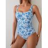 imageB2prity One Piece Swimsuit for Women Tummy Control Ruched Slimming Bathing Suit Button Full Coverage SwimwearBlue White Floral