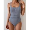 imageB2prity One Piece Swimsuit for Women Tummy Control Ruched Slimming Bathing Suit Button Full Coverage SwimwearGrey Blueribbed