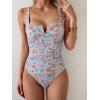 imageB2prity One Piece Swimsuit for Women Tummy Control Ruched Slimming Bathing Suit Button Full Coverage SwimwearOrange Floral Print