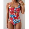 imageB2prity One Piece Swimsuit for Women Tummy Control Ruched Slimming Bathing Suit Button Full Coverage SwimwearRed Floral Print