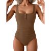 imageB2prity One Piece Swimsuit for Women Tummy Control Ruched Slimming Bathing Suit Button Full Coverage SwimwearBrown