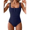 imageB2prity One Piece Swimsuit for Women Tummy Control Ruched Slimming Bathing Suit Button Full Coverage SwimwearNavy Blue
