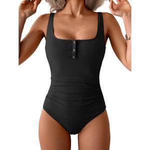 imageB2prity One Piece Swimsuit for Women Tummy Control Ruched Slimming Bathing Suit Button Full Coverage SwimwearBlack