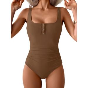 imageB2prity One Piece Swimsuit for Women Tummy Control Ruched Slimming Bathing Suit Button Full Coverage SwimwearBrown