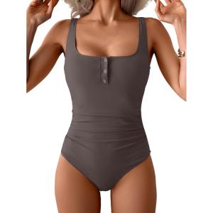 imageB2prity One Piece Swimsuit for Women Tummy Control Ruched Slimming Bathing Suit Button Full Coverage SwimwearCoffee Brown