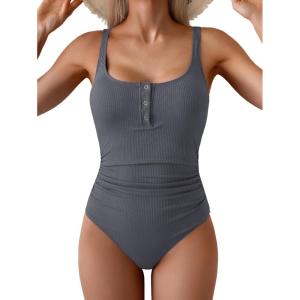imageB2prity One Piece Swimsuit for Women Tummy Control Ruched Slimming Bathing Suit Button Full Coverage SwimwearGreyribbed