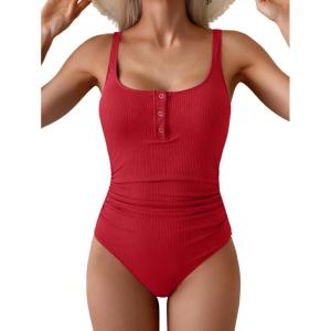 imageB2prity One Piece Swimsuit for Women Tummy Control Ruched Slimming Bathing Suit Button Full Coverage SwimwearRedribbed