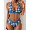 imageB2prity Women Halter Bikini Sets Sexy Deep V Neck Two Piece Swimsuits Color Block BottomBlue Check Print