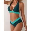 imageB2prity Women Halter Bikini Sets Sexy Deep V Neck Two Piece Swimsuits Color Block BottomPeacock Green