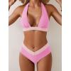 imageB2prity Women Halter Bikini Sets Sexy Deep V Neck Two Piece Swimsuits Color Block BottomPink