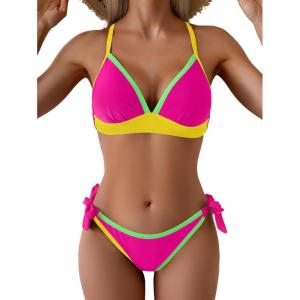 imageB2prity Two Piece Bikini Sets for Women V Neck Triangle Bathing Suit Sexy Tie Side Swimsuit Color Block SwimwearPink Yellow Green