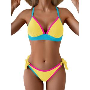 imageB2prity Two Piece Bikini Sets for Women V Neck Triangle Bathing Suit Sexy Tie Side Swimsuit Color Block SwimwearYellow Pink Blue