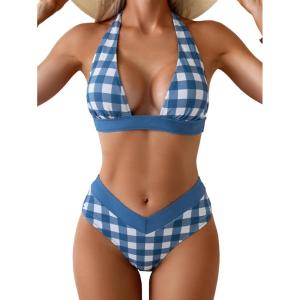 imageB2prity Women Halter Bikini Sets Sexy Deep V Neck Two Piece Swimsuits Color Block BottomBlue Check Print