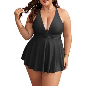 imageB2prity Womens One Piece Swimdress Swimsuit Plus Size Tummy Control Swim Dress V Neck Push Up Skirted Bathing SuitBlack