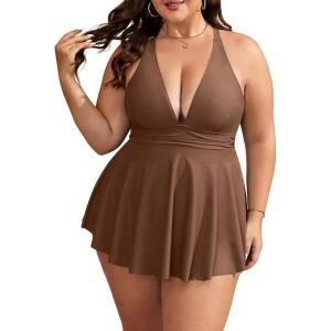 imageB2prity Womens One Piece Swimdress Swimsuit Plus Size Tummy Control Swim Dress V Neck Push Up Skirted Bathing SuitBrown