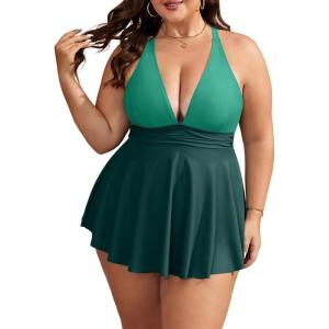 imageB2prity Womens One Piece Swimdress Swimsuit Plus Size Tummy Control Swim Dress V Neck Push Up Skirted Bathing SuitGreen  Dark Green