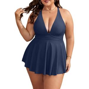 imageB2prity Womens One Piece Swimdress Swimsuit Plus Size Tummy Control Swim Dress V Neck Push Up Skirted Bathing SuitNavy Blue