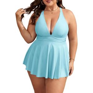 imageB2prity Womens One Piece Swimdress Swimsuit Plus Size Tummy Control Swim Dress V Neck Push Up Skirted Bathing SuitSky Blue