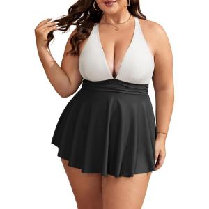 imageB2prity Womens One Piece Swimdress Swimsuit Plus Size Tummy Control Swim Dress V Neck Push Up Skirted Bathing SuitWhite  Black