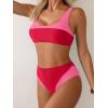 imageB2prity Womens Bikini Set Two Piece Swimsuit Color Block Slimming Bathing Suit High Waisted Scoop Neck SwimwearRed  Pink