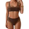 imageB2prity Womens Bikini Set Two Piece Swimsuit Color Block Slimming Bathing Suit High Waisted Scoop Neck SwimwearBrown Color Block