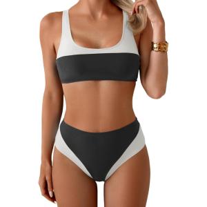imageB2prity Womens Bikini Set Two Piece Swimsuit Color Block Slimming Bathing Suit High Waisted Scoop Neck SwimwearBlack  White
