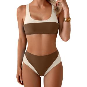 imageB2prity Womens Bikini Set Two Piece Swimsuit Color Block Slimming Bathing Suit High Waisted Scoop Neck SwimwearBrown  Beige