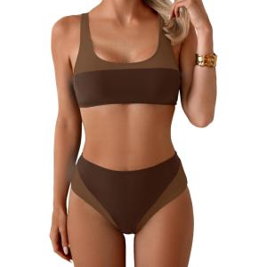 imageB2prity Womens Bikini Set Two Piece Swimsuit Color Block Slimming Bathing Suit High Waisted Scoop Neck SwimwearBrown Color Block