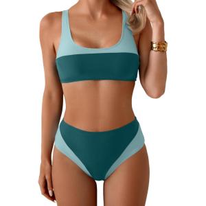 imageB2prity Womens Bikini Set Two Piece Swimsuit Color Block Slimming Bathing Suit High Waisted Scoop Neck SwimwearPeacock Green  Blue