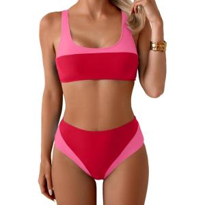 imageB2prity Womens Bikini Set Two Piece Swimsuit Color Block Slimming Bathing Suit High Waisted Scoop Neck SwimwearRed  Pink