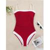 imageB2prity One Piece Swimsuit for Women Tummy Control Slimming Bathing Suit Color Block Swim Suit Modest SwimwearRed  White