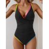 imageB2prity Womens One Piece Swimsuits Tummy Control Ruched Bathing Suit V Neck Tie Back Swimwear Wrap Swim SuitBlack Color Block