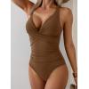 imageB2prity Womens One Piece Swimsuits Tummy Control Ruched Bathing Suit V Neck Tie Back Swimwear Wrap Swim SuitBrown