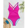 imageB2prity Womens One Piece Swimsuits Tummy Control Ruched Bathing Suit V Neck Tie Back Swimwear Wrap Swim SuitHot Pink Color Block