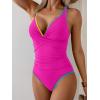imageB2prity Womens One Piece Swimsuits Tummy Control Ruched Bathing Suit V Neck Tie Back Swimwear Wrap Swim SuitHot Pink Color Block