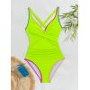 imageB2prity Womens One Piece Swimsuits Tummy Control Ruched Bathing Suit V Neck Tie Back Swimwear Wrap Swim SuitNeon Yellow Color Block