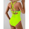 imageB2prity Womens One Piece Swimsuits Tummy Control Ruched Bathing Suit V Neck Tie Back Swimwear Wrap Swim SuitNeon Yellow Color Block