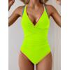 imageB2prity Womens One Piece Swimsuits Tummy Control Ruched Bathing Suit V Neck Tie Back Swimwear Wrap Swim SuitNeon Yellow Color Block