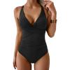 imageB2prity Womens One Piece Swimsuits Tummy Control Ruched Bathing Suit V Neck Tie Back Swimwear Wrap Swim SuitBlack