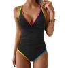 imageB2prity Womens One Piece Swimsuits Tummy Control Ruched Bathing Suit V Neck Tie Back Swimwear Wrap Swim SuitBlack Color Block